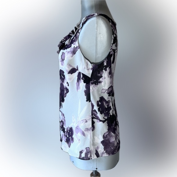 Loft (Ann Taylor) Petite Small Ruffle Neck Purple Gray Floral Sleeveless Blouse - Picture 3 of 7
